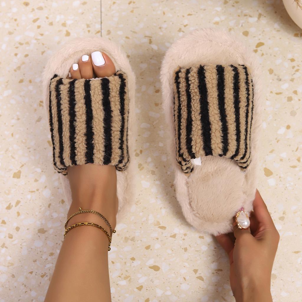 Sıcak Fiyonk Dekor Terlikler, Rahat Açık Burunlu Peluş Ayakkabılar, Rahat İç Mekan Ev Terlikleri