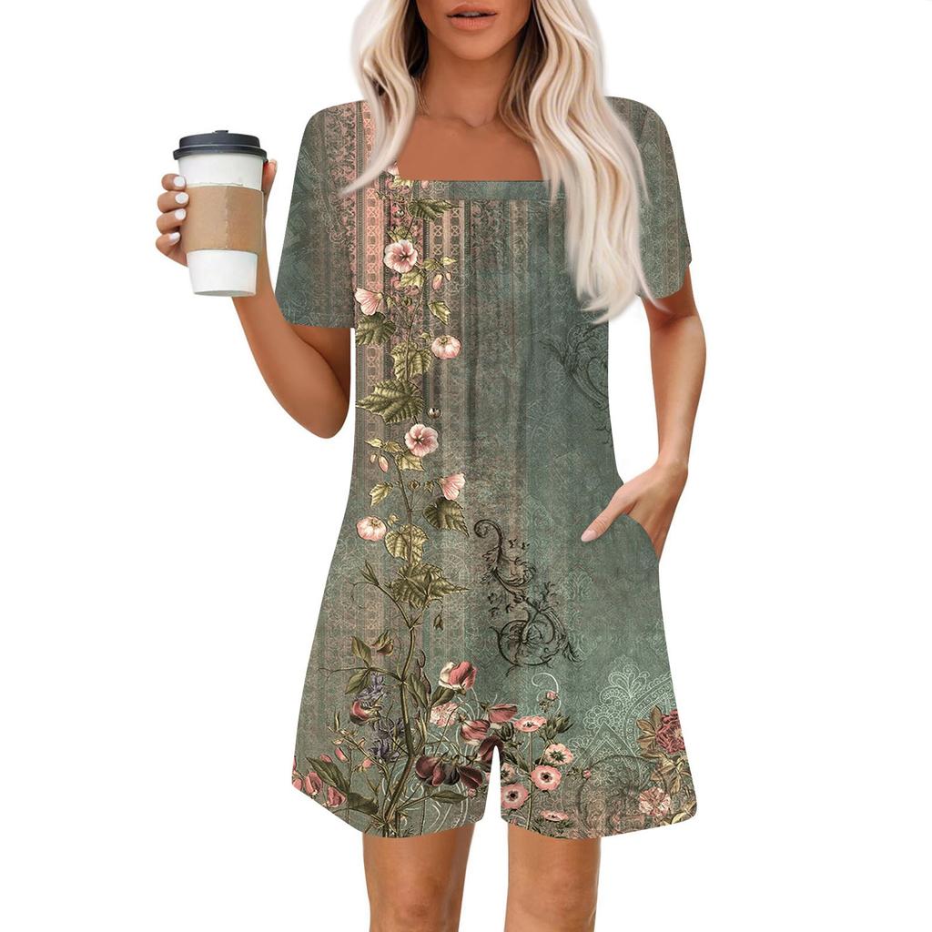Women's Fashionable And Casual Short-sleeved Pleated Pocket Jumpsuit Printed Jumpsuit Shorts