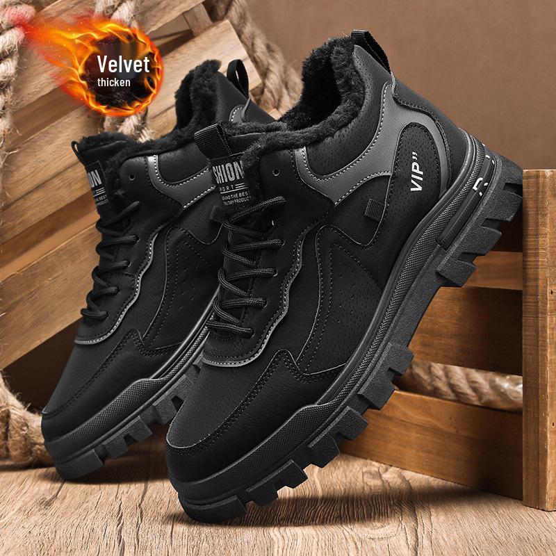 2025 Winter Men's Plus Velvet Leather Martin Boots – Thick Sole, Warm, Versatile Casual Shoes