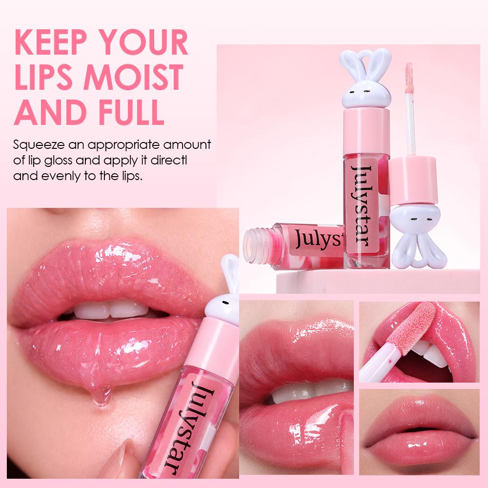Julystar Cute Bunny Lip Gloss High Shine Water Mirror Lip Glaze Hydrating Long Lasting Glossy Lip Tint Moisturizing Liquid Lipstick Makeup