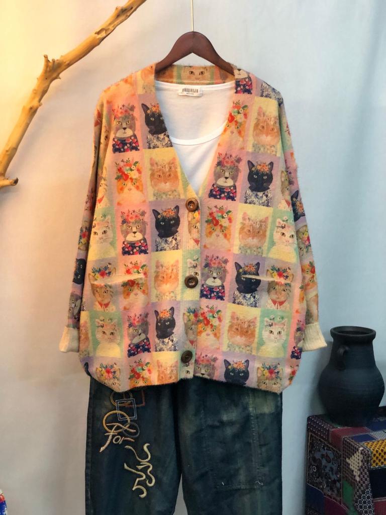 Factory new autumn and winter cute printed imitation mink velvet jacket women's Korean version loose lazy sweater