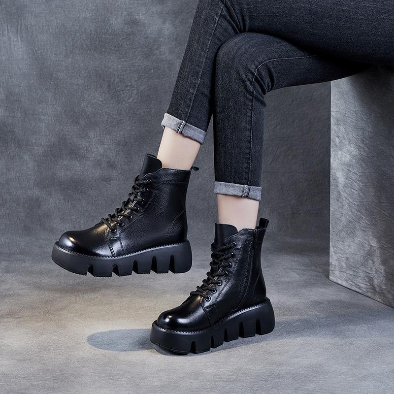 Winter 2026 New Thick-soled Heightening Martin Boots Retro Short Boots Leather Square Head Women's Boots Soft Leather Boots Women's