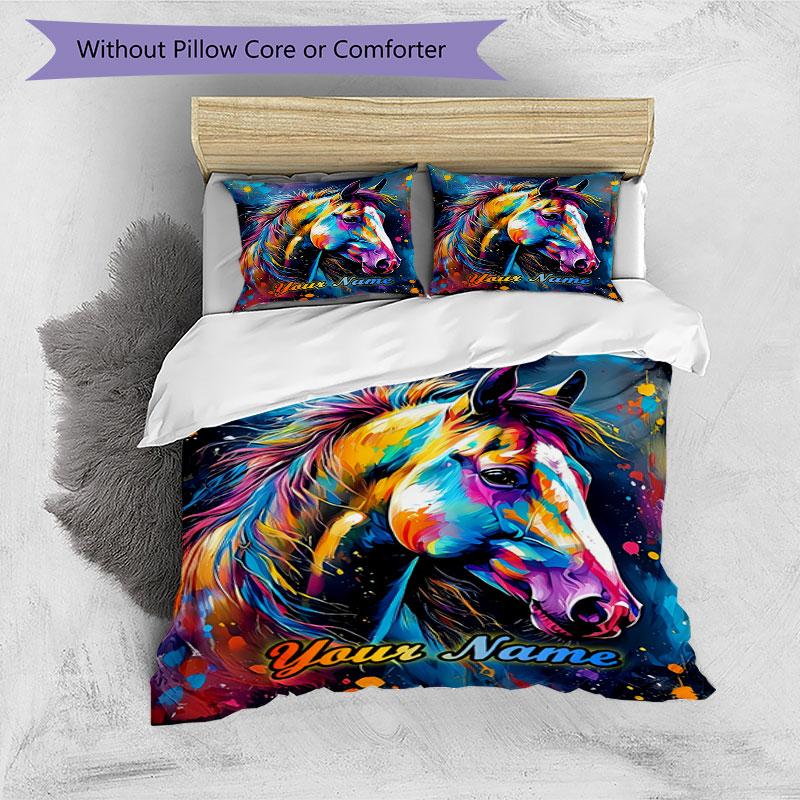 3PC Custom Name Colorful Horse Portrait Bedding Set Duvet Cover Closure Includes 1 Duvet Cover & 2 Pillowcases for Bedroom