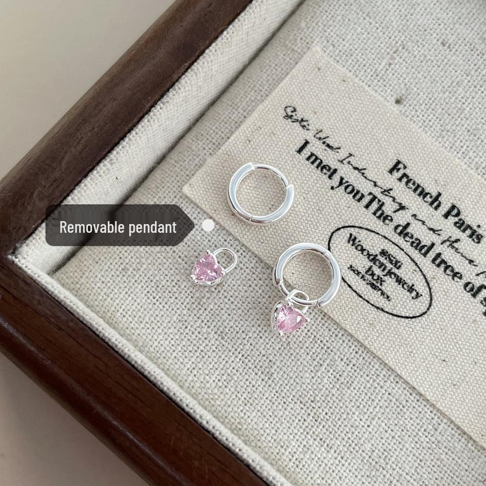 S999 Sterling Silver Pink Heart Zircon Pendant Earrings for Women - Simple Exquisite Design
