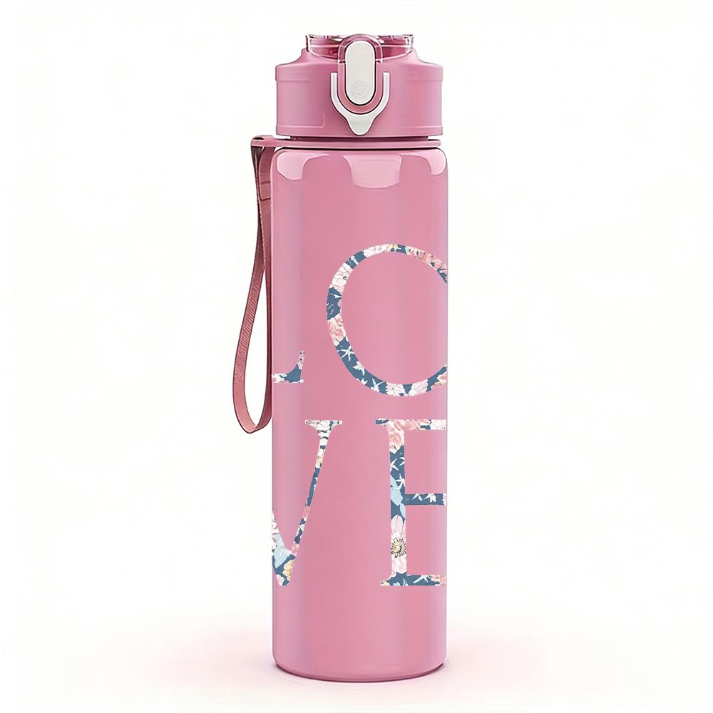 1PC LOVE red cursive text print 750ml colorful plastic sports water bottle leakproof pop up lid with straw for outdoor work home use