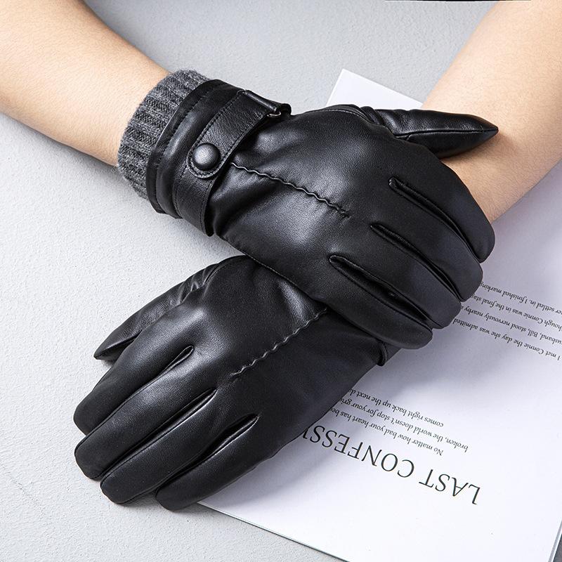 Fleece Genuine Leather Gloves for Men Touch Screen for Warmth In Autumn and Winter and Sheepskin Gloves for Driving and Cycling