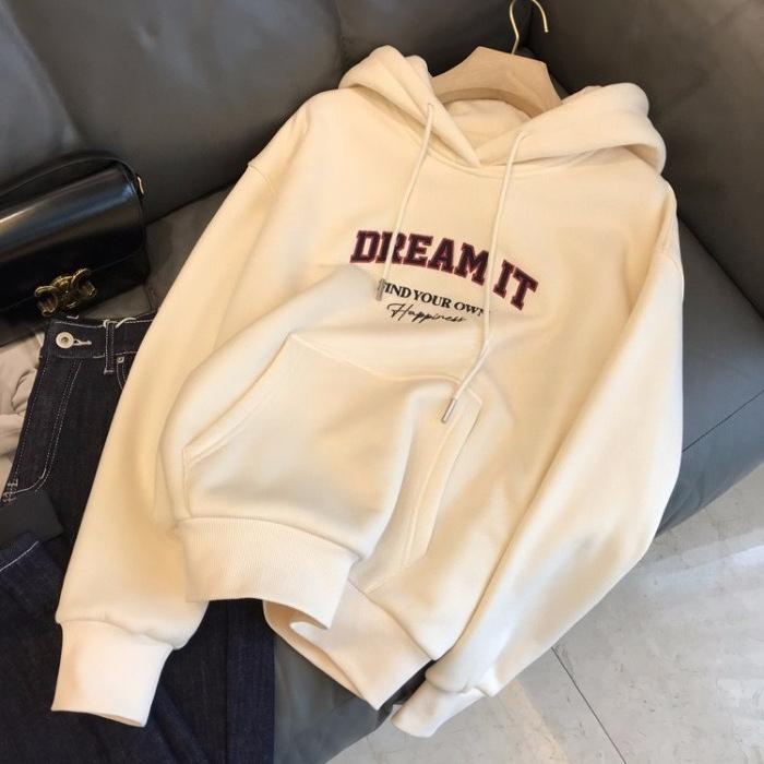 Fashion Fleece-lined Sweatshirt Unisex Streetwear Hoodie, Fleece-lined Retro Slogan Hoodie, Drawstring Hood with Kangaroo Pocket for Daily & Layering M бежевый