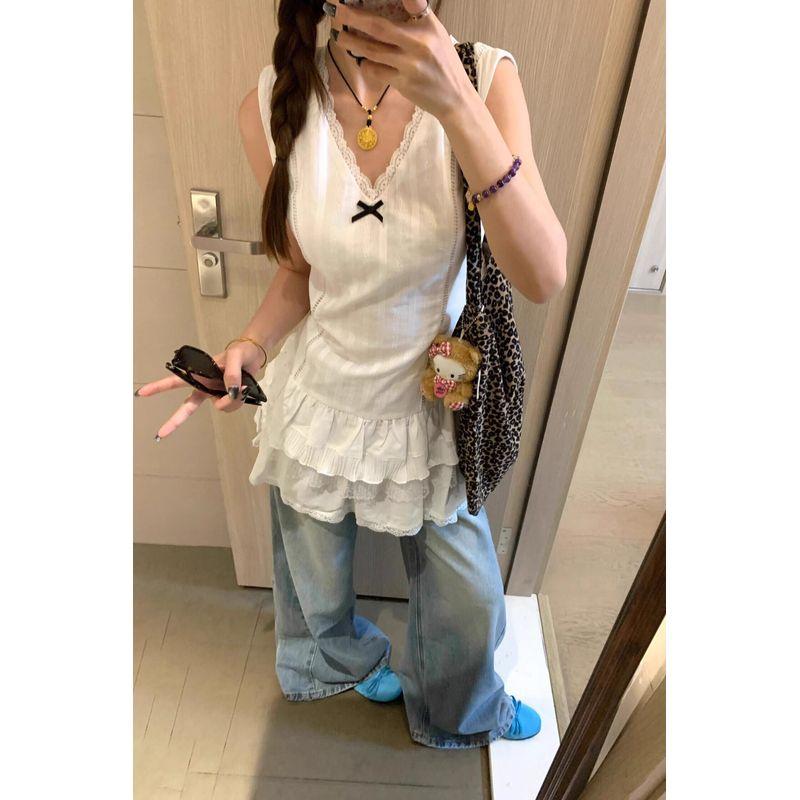 Plus-Size French Lace Trim Camisole Top for Women, Summer New Style, Loose Fit, Slimming Sleeveless Short Dress White L