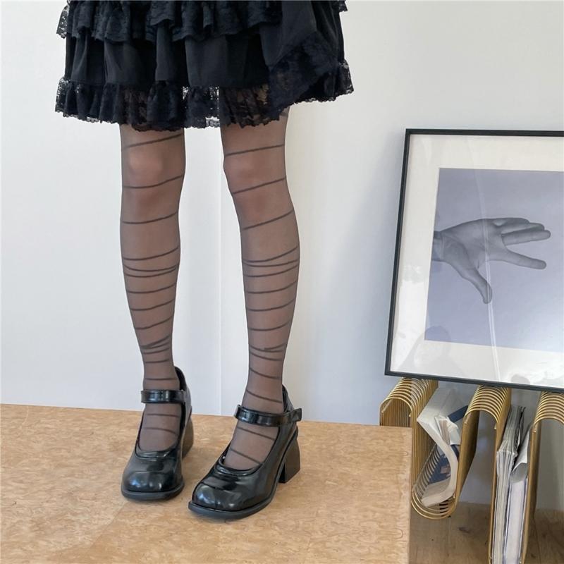Womens Asymmetrical Horizontal Striped Pantyhose Dark Gothic Punk Aesthetic Jacquard Patterned Silky Tights Stockings