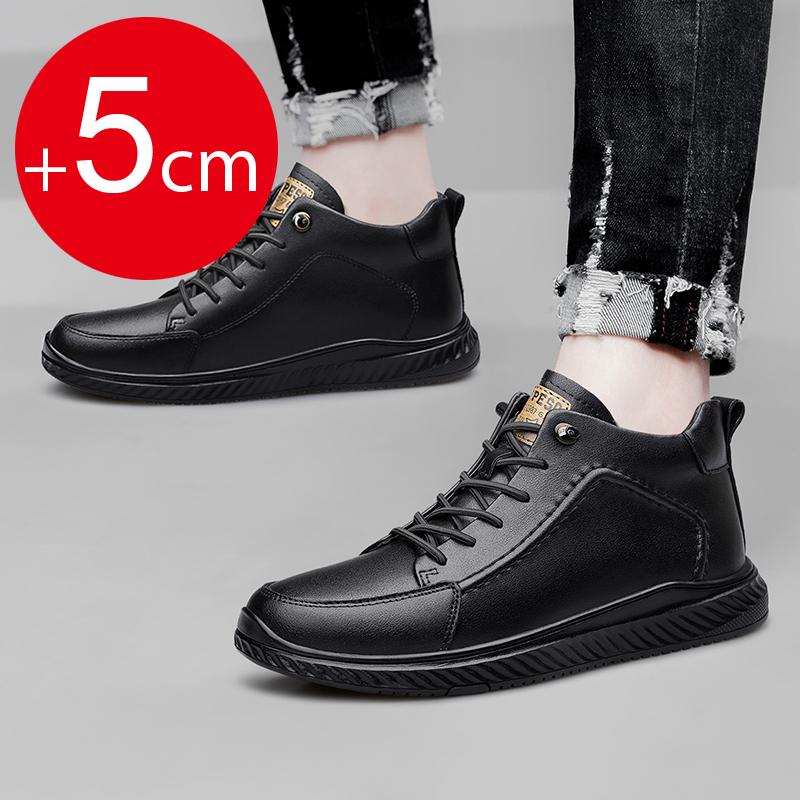 Herrsneakers äkta läder herrstövlar ökade 5 cm snörning sport casual arbetsskor hög topp läder herrankelstövlar