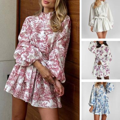 Mini vestido floral de outono feminino manga comprida abotoado evasê vestido rodado gola alta vestido curto com cinto