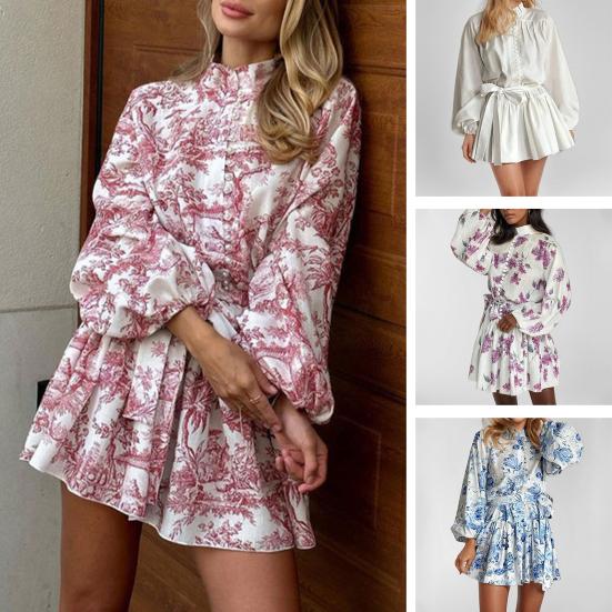 Women's Fall Floral Mini Dress Long Sleeve Button Down A-line Swing Dress Stand Collar Short Dress with Belt