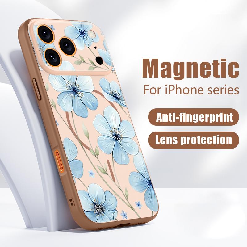 Lovely Sky-blue Flowers Pattern Case For iPhone 17 Pro Max Magnetic For Magsafe Skin Feeling Cover For iPhone 16 15 14 13 Pro Max