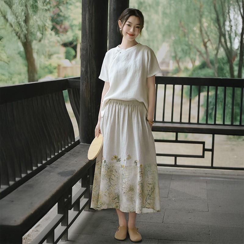 Johnature Women Vintage Print Floral Skirts Patchwork Color Cloths Summer Chinese Style High Quality Female Skirts