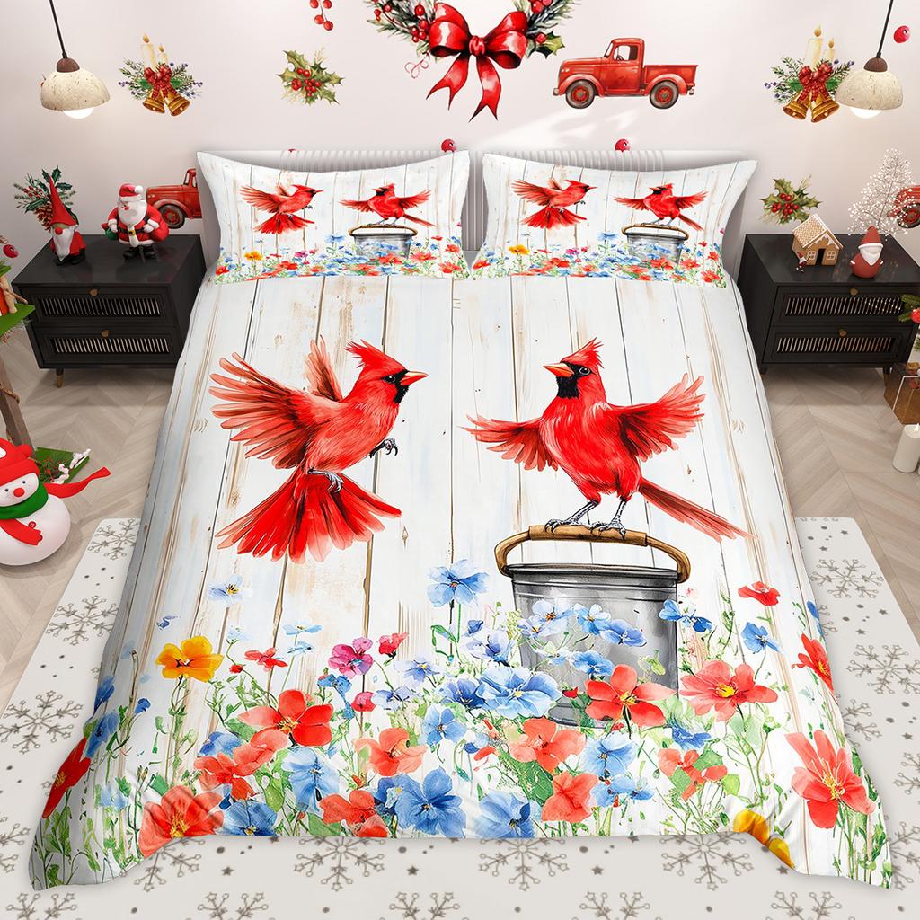 Homewish Wild Cardinal Bird Duvet Cover Set Merry Christmas Xmas Bed Set Snow Cherry Blossoms Quilt Cover Set
