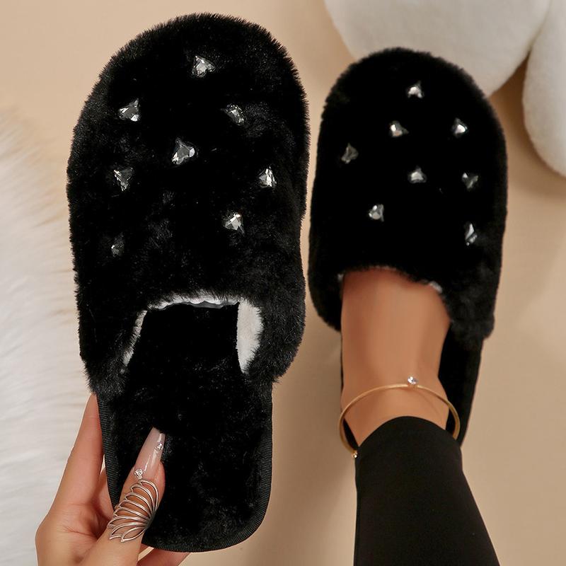 Fashion Fashion Heart Crystal Detor Fur Slippers Women Indoor Slip On Warm Plush Slippers Woman Winter Non Slip Light Cotton Slides Lady