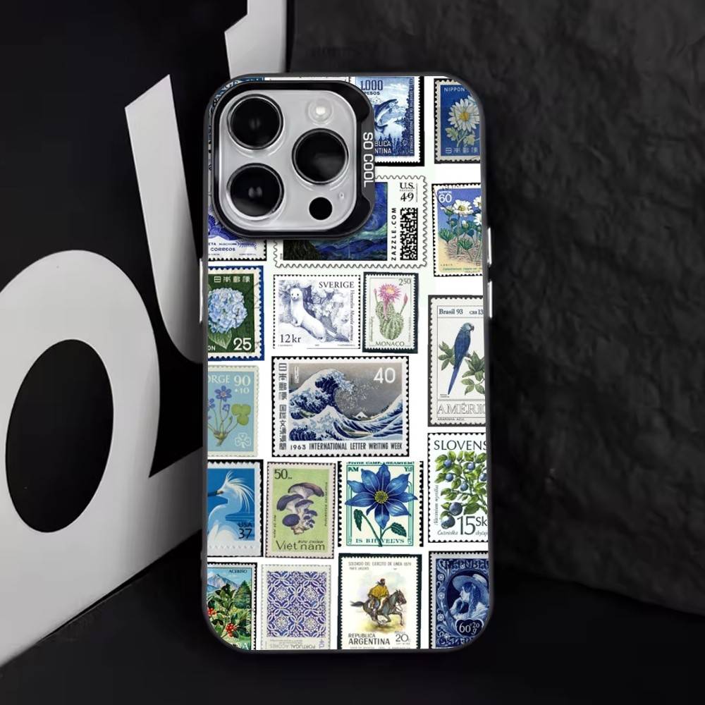 Retro Stamp   Phone Case For iPhone 17,16,15,14,13,12,11 Plus,Pro Max,XS,Colored Silver Plated Inside Cover