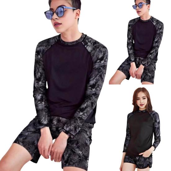 2 Piezas/Set Bañador Unisex Secado Rápido Transpirable Suave Estampado de Hojas Cuello Redondo Mangas Largas Ropa de Surf para Parejas Traje de Baño para Buceo Ropa de Baño para Deportes Acuáticos