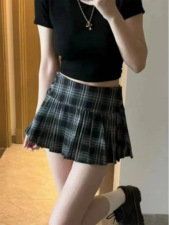 American Retro Plaid Pleated Mini Skirt - Korean Style Spring/Autumn Spicy Girl Academy Look