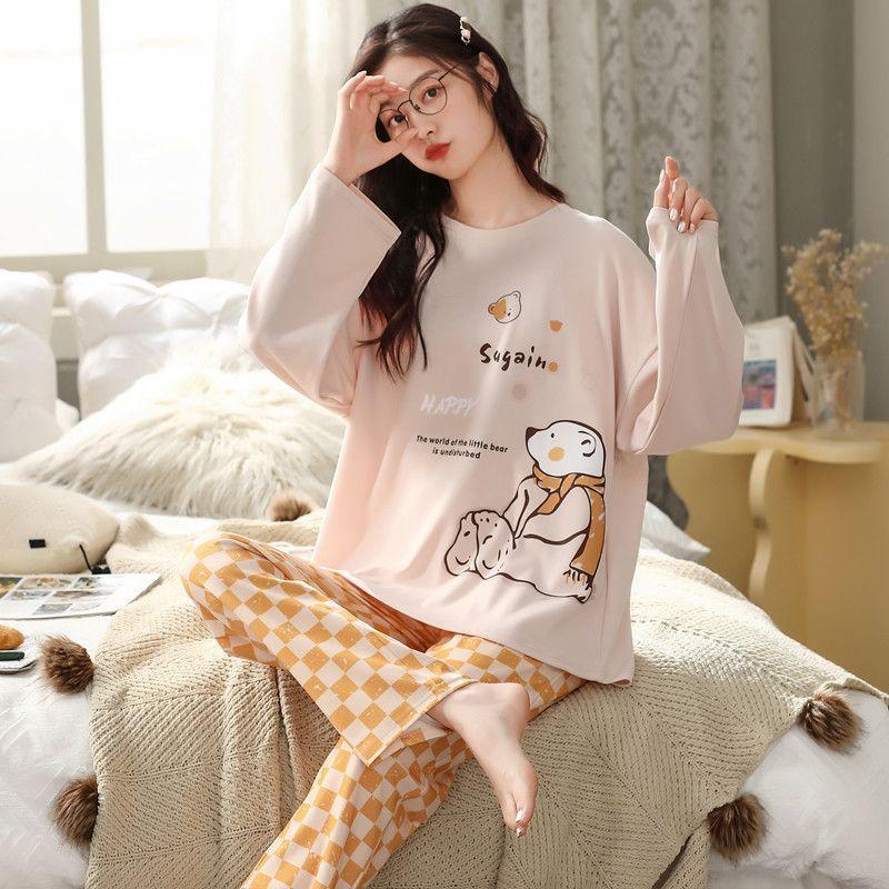 2Pcs/set Women's Pajamas Spring and Autumn Long-sleeved Trousers Cartoon Cute Can Be Worn Outside Leisure and Comfortable Student