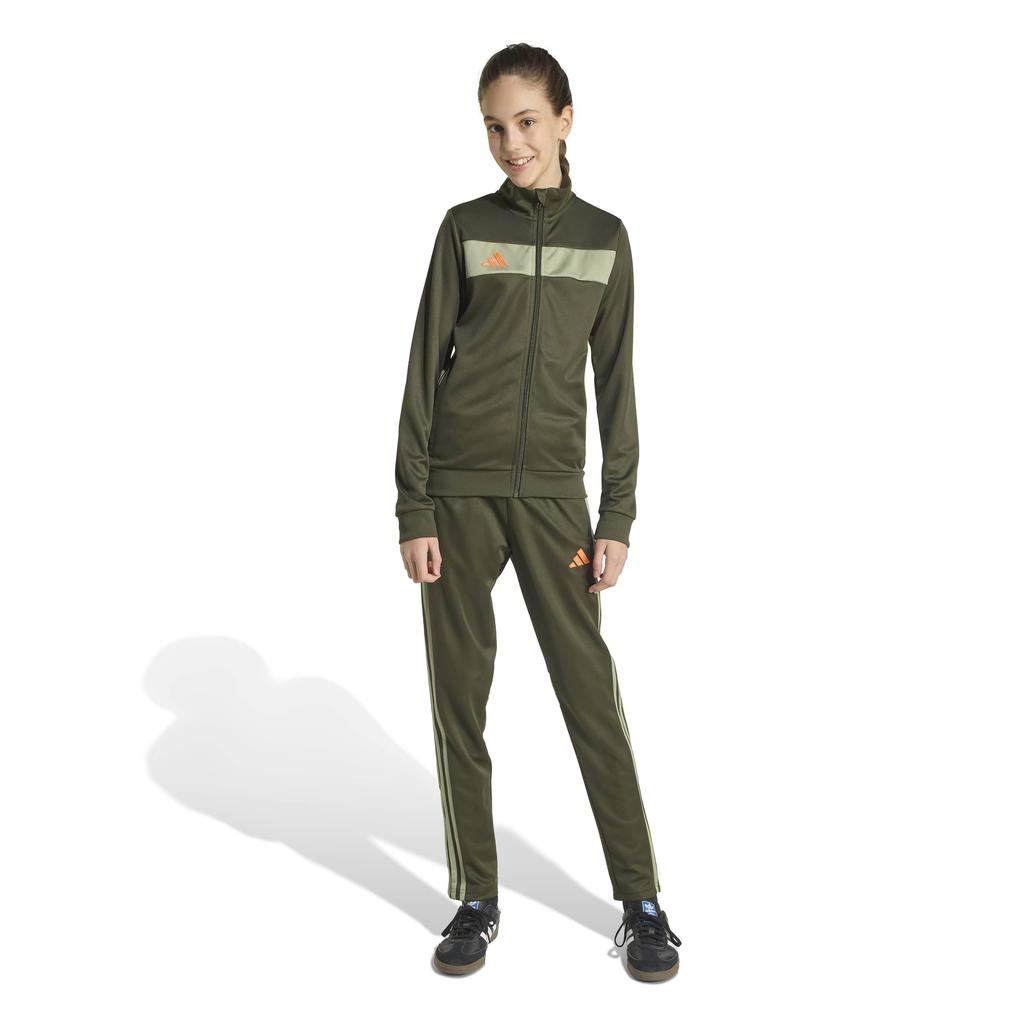 Adidas Tiro Essential Soccer Tracksuit Set in Night Orange Kids' (KSQ97) Cargo/Tent Green/Impact (JX2219)