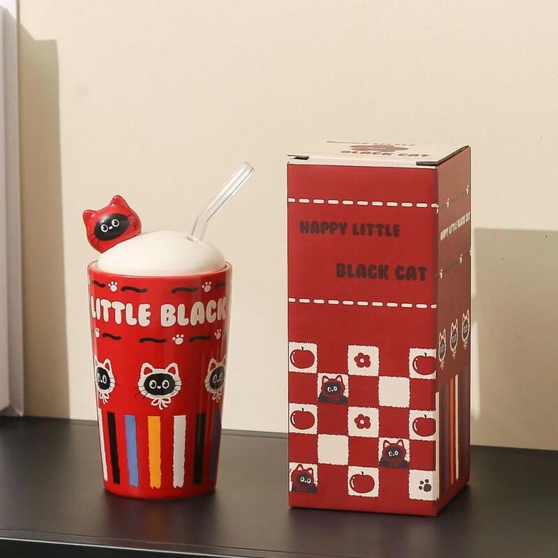 Cute Cat Ceramic Mug with Straw and Lid