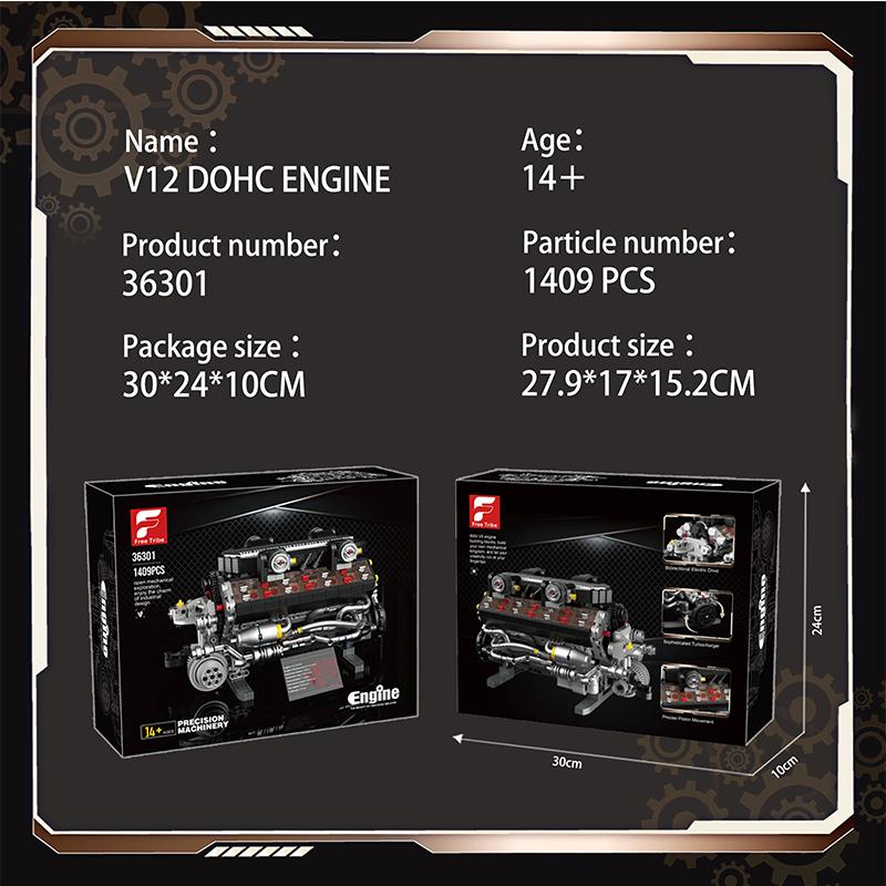 Non-Toxic 1409Pcs V12 Engine Building Blocks Sports Car Engine Model Desktop Ornaments Technology Bricks Children'S Diy Toys Holiday Gifts