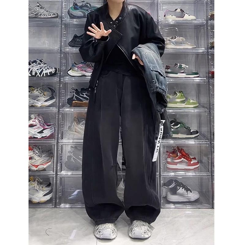 

Весенние Ретро Прямые Джинсы Женские Свободные По Фигуре С Высокой Посадкой Тонкие Широкие Брюки-Сабли XXXXL чёрный