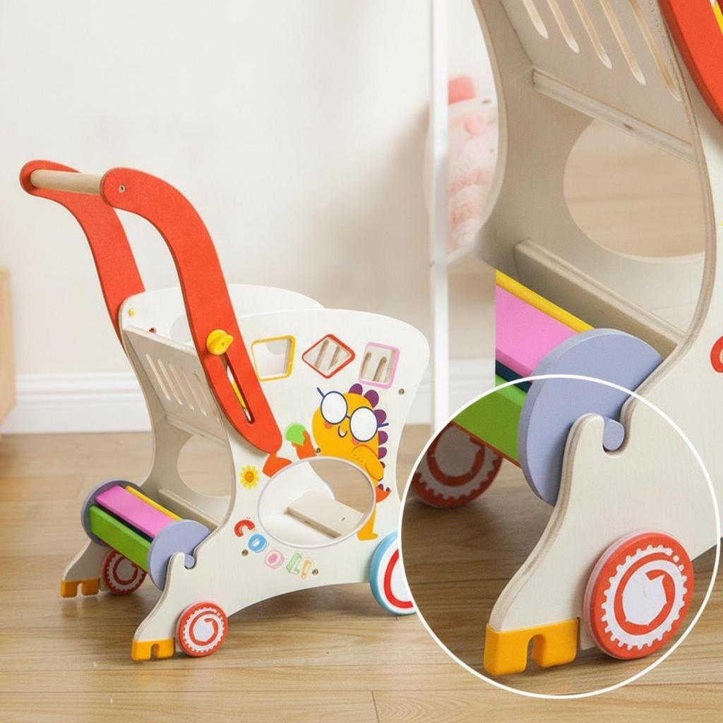 Wooden Infant Pusher Cart Cutout Openings Push Stacking Rings Play for Young