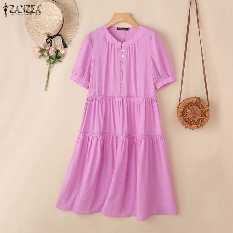 ZANZEA Women Casual Round Neck Solid Color Short Sleeve Long Dress