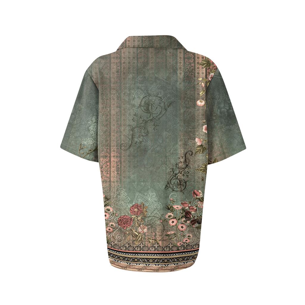 Women’s Casual Short Sleeve Waffle Knit Polo Shirt with Vintage Floral Print and Turn Down Collar for Daily Wear