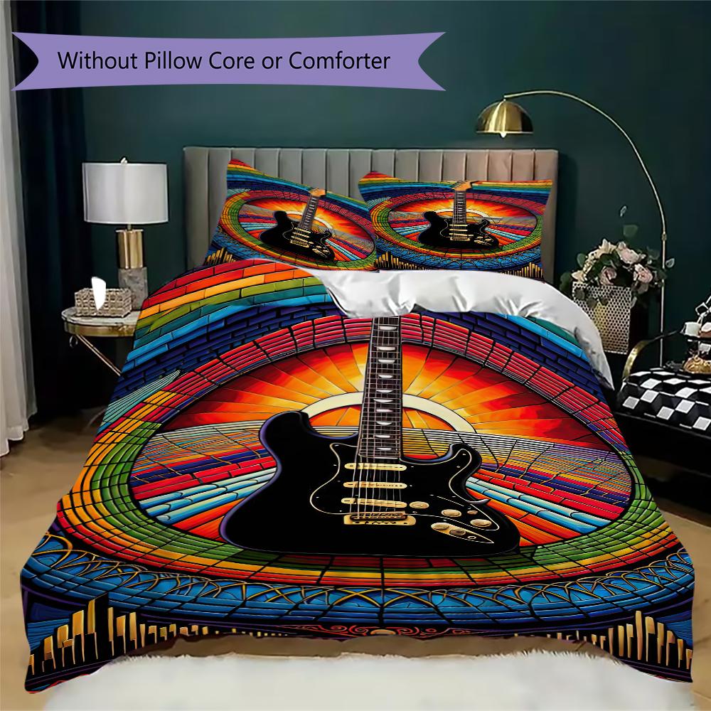 1PC Electric guitar Theme Bedding Quilt Set Quilt Cover Pillowcase Home Decoration Birthday Gift (1 * duvet cover + 2 * pillowcase, without core)A3