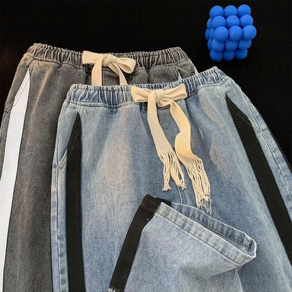 Striped Patchwork Jeans for Men In Autumn Trendy Brand Loose Straight Wide-leg American High Street Large Size Casual Long Pants