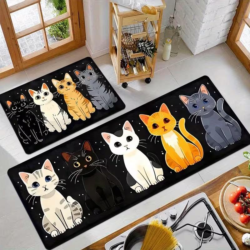 Tapis de cuisine Nordic Vintage Dessiné à la main Chat Mignon Dessin Animé Antidérapant Absorbant Tapis Chemin Thème Animal Décoration de Maison 2 Pièces