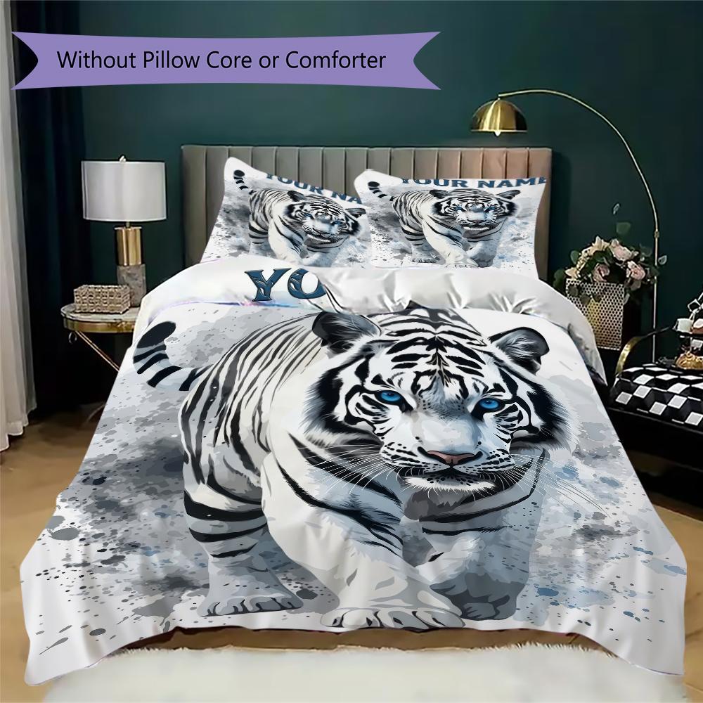 Custom Name White Tiger Artwork Bedding,Quilt Set Quilt Cover Pillowcase Home Birthday Gift(1 * Duvet Cover + 2 * Pillowcase, Without Core)_lx