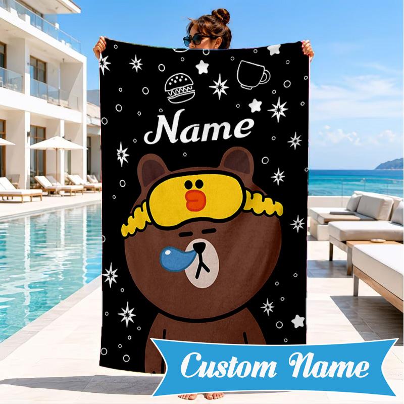 Custom Name Cute Cartoon Brown Bear Beach Towel Microfiber Beach Towel, Lightweight and Quick-Dry, for Summer Travel, Swimming Pool Gift