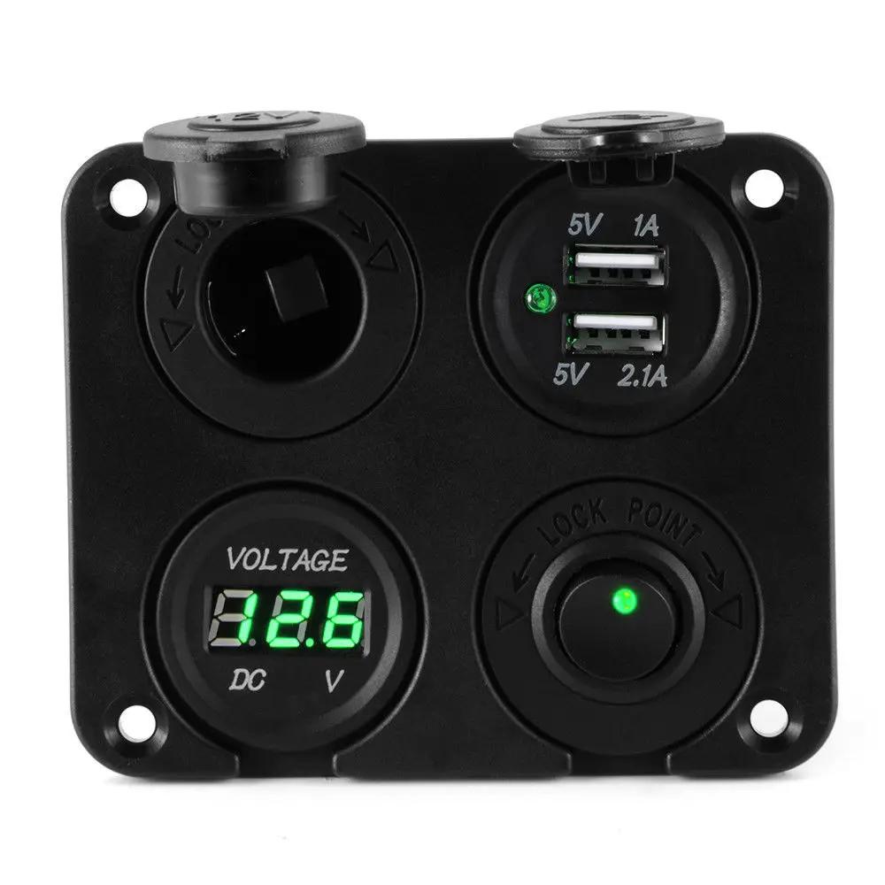4 in 1 Panel 3.1A Dual USB Car Charger Power Outlet LED Voltmeter Cigarette Lighter Socket Toggle Switch for Truck Car Marine
