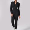 Womens High-Elastic Quick-Dry Ribbed Seamless Yoga Jumpsuit With Zipper Fit Sports Bodysuit