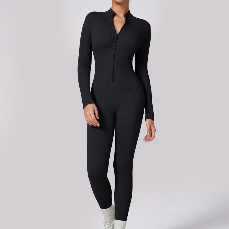 Womens High-Elastic Quick-Dry Ribbed Seamless Yoga Jumpsuit With Zipper Fit Sports Bodysuit