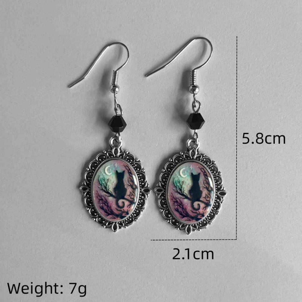 Retro Victoria Sliver Color Oval Lacework Inlay Red Crystal Glass Cat Bat Crow Cemetery Cross Dangle Earrings for Women Jewelry