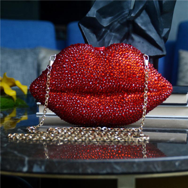 Dinner Bag Women's Lip Chain Bag European and American Style Diamond-set Nightclub Hand-held Party Rhinestone Bag Party Bag