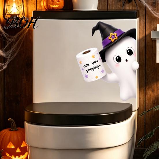 Removable Toilet Seat Art Halloween Sticker, Ghost And Skeleton Print Decals, Waterproof PVC Easy Self-adhesive Decals Peel Stick Spooky Stickers, for