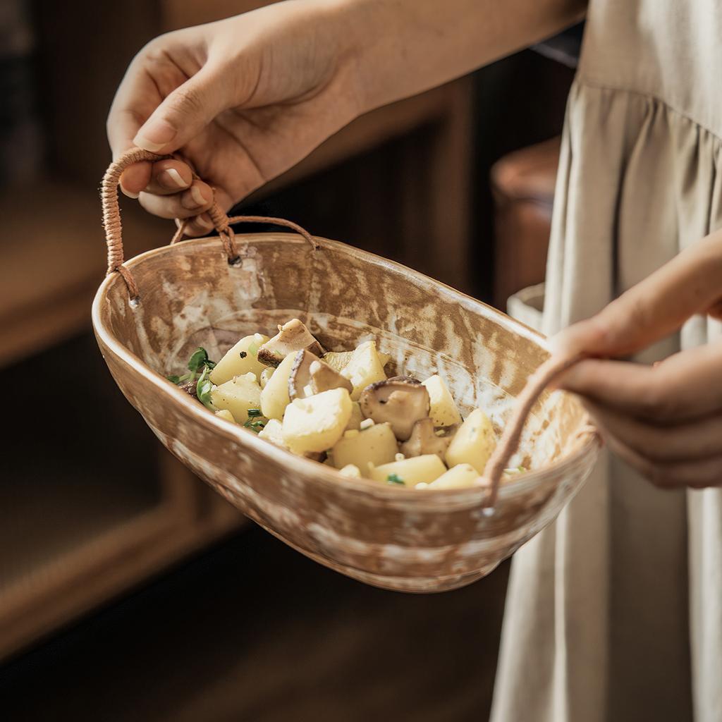 Retro Style Handmade Coarse Pottery Rope Woven Binaural Bowl Japanese Ceramic Oval Bowl Household Tableware Vegetable Bowl Fruit Salad Bowl