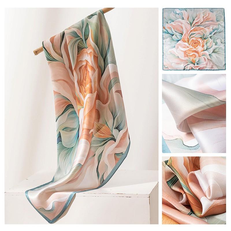 Black Coffee Leaf Print Silk Scarf 65x65cm Elegant Womens Square