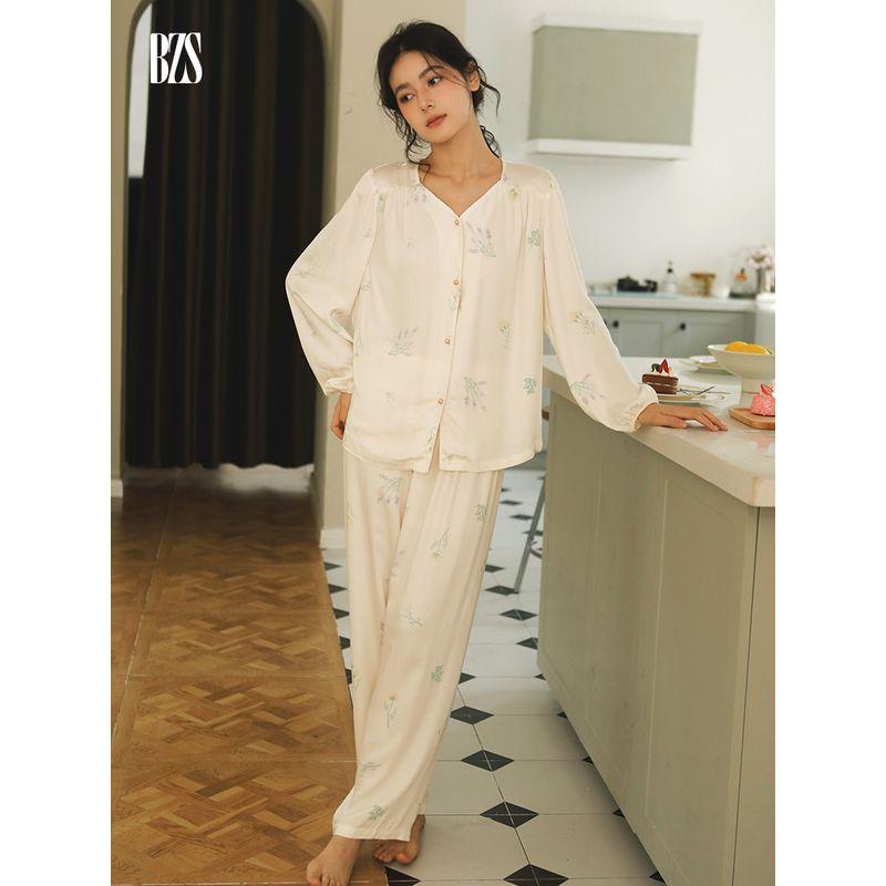 2024 Summer Tribute Satin Print Early Autumn Plaid Pajamas Fresh Spring and Autumn Home Wear Women's V Neck Soft Long-Sleeve Suit