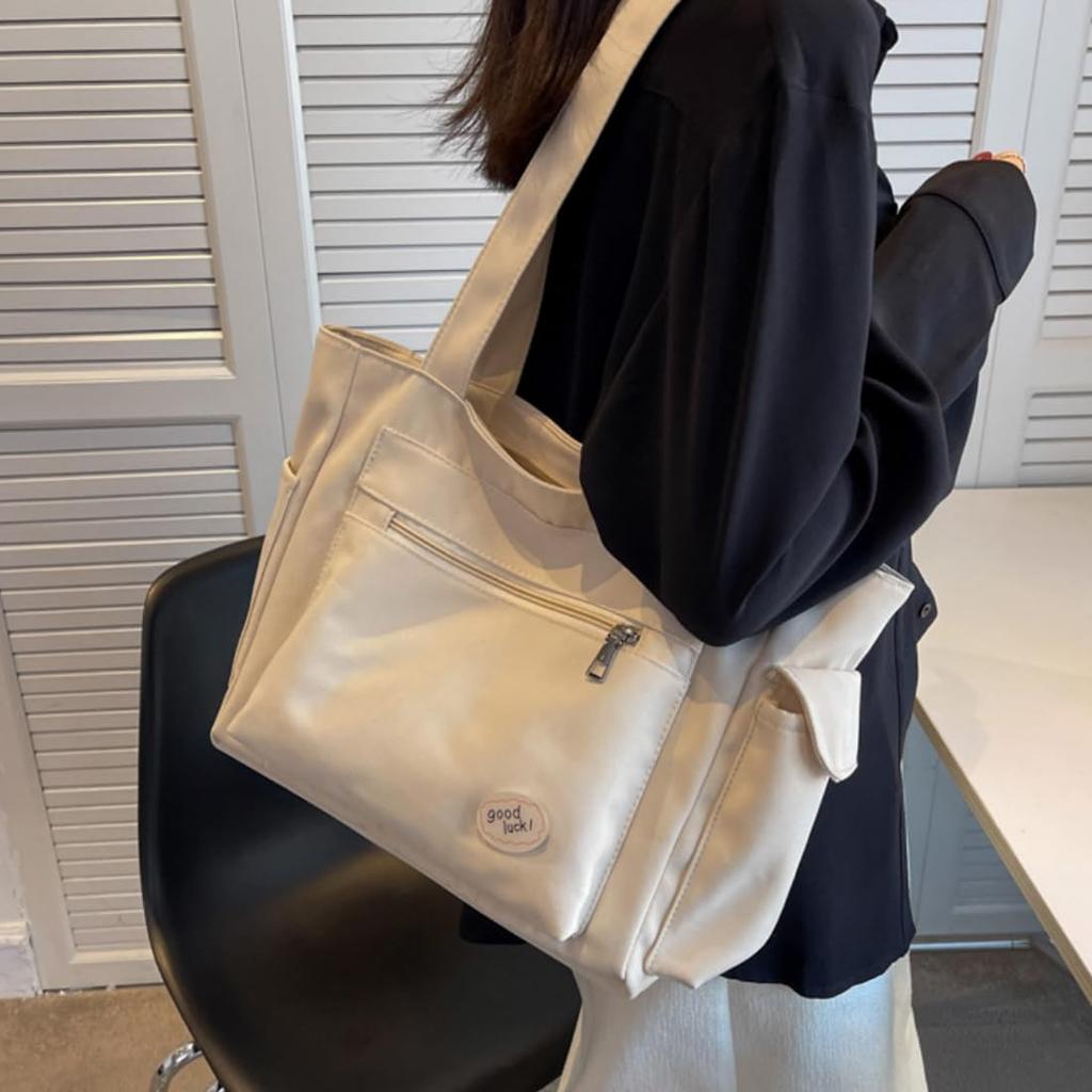 PackPixel Tote Bag, Large Capacity Canvas Shoulder Bag, Korean Style, Perfect for Overnight Trips, Casual Bag, A4 Size, SchoolCommuter Bag (Beige)