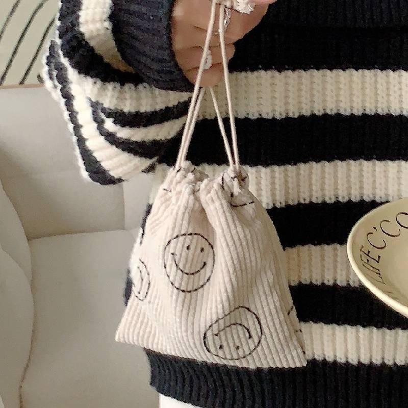 Vintage Corduroy Drawstring Cosmetic Bag Adorable Smiley Face Organizer Pouch