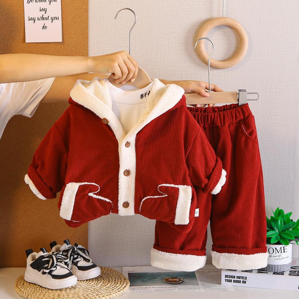 Boys' long sleeved 3-piece set, Children's plush thick cotton suit set, Cute clothes for boys aged 0-5