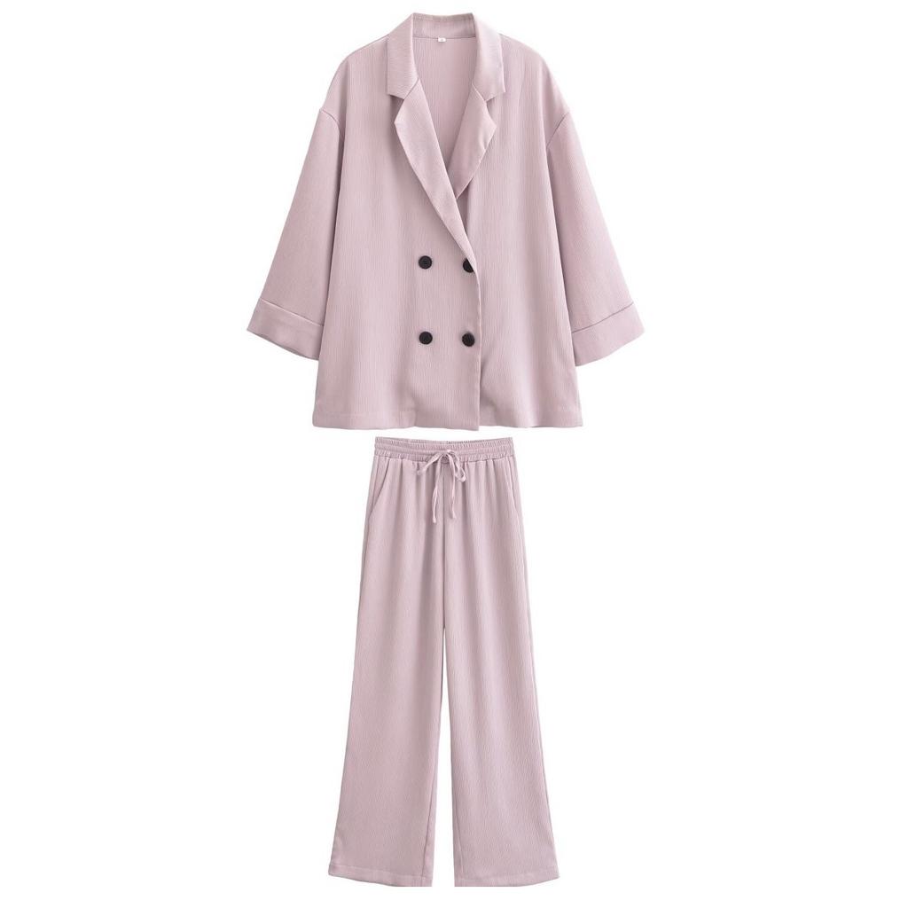 Summer Women's Wrinkle Effect Suit Jacket + Pants Suit Women