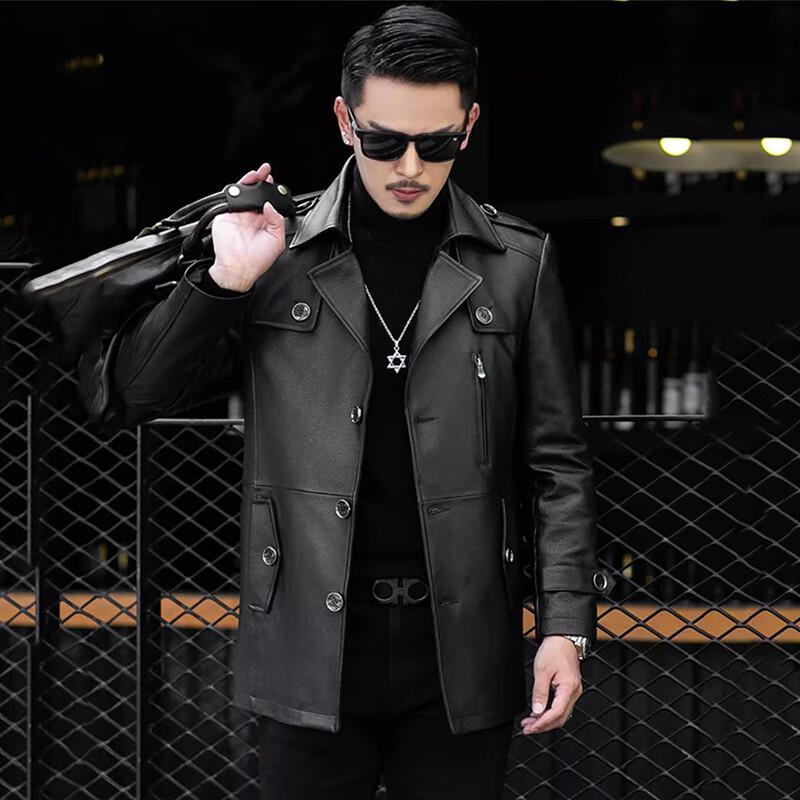 KAISER Men's Mid-Length Cowhide Leather Trench Coat